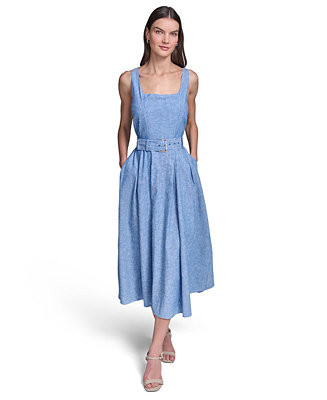 Women's Fit and Flare Belted Midi Linen Dress | Macy's