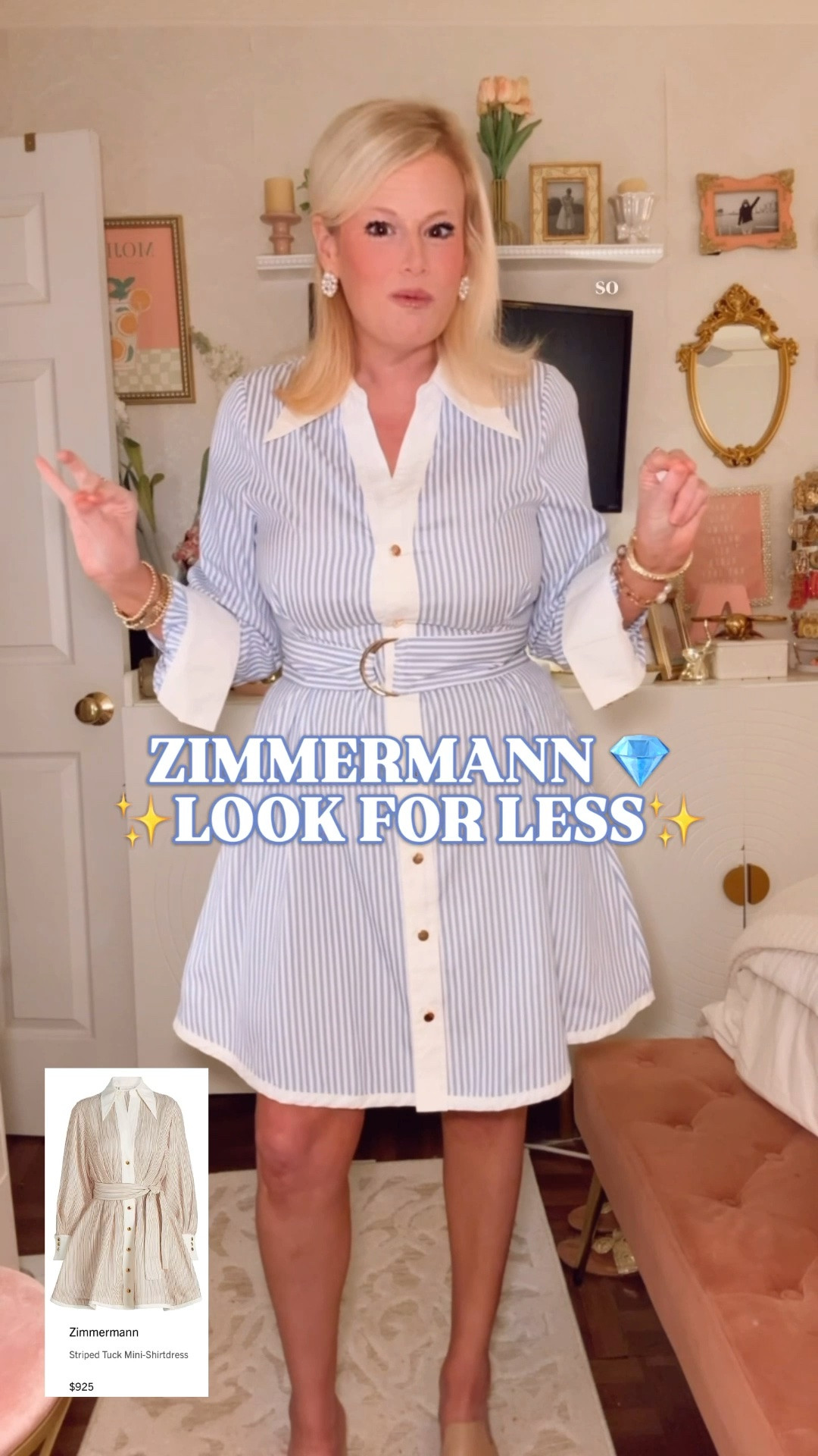 Zimmermann look for less | Amazon striped shirt dress | blue belted mini dress | designer look for less

The $925 Zimmermann Tuck Mini Shirt Dress look without the $925 receipt.

This Amazon striped shirt dress has the expensive details that make the designer version so good: blue and white stripes, crisp contrast collar, white placket, gold buttons, belted waist, long sleeves, and that sharp mini shirtdress shape. 

I’m in a medium. True to size.

This is the blue striped dress you keep ready for the plans that need an outfit fast: brunch, church, vacation dinners, summer work outfits, bridal showers, baby showers, graduation parties, country club lunches, date nights, casual office outfits, and warm weather events. 

The structure is the sell. The collar, buttons, belt, and stripes make it feel very Zimmermann meets Ralph Lauren meets Tuckernuck, but at an Amazon price point.

It also comes in a brown stripe if you want the same belted shirt dress silhouette in a warmer neutral.

Zimmermann Tuck Mini Shirt Dress look for less, Zimmermann look for less, Zimmermann inspired dress, Amazon striped shirt dress, blue and white striped dress, belted mini dress, belted shirt dress, button down dress, gold button dress, preppy summer dress, Amazon dress find, vacation dress, summer work dress, work outfit, business casual dress, brunch dress, church dress, shower dress, graduation dress, Ralph Lauren inspired dress, Tuckernuck style dress, designer look for less

#LTKFindsUnder50 #PreppyStyle #LookForLess #Zimmermann #WorkOutfit #BusinessCasual

#LTKWorkwear #LTKSeasonal #LTKootd