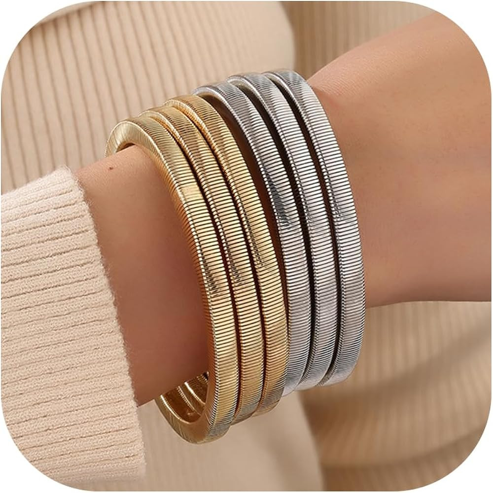 Chunky Gold Bangle Bracelets Sets for Women - Stackable Flexible Wide Wristband Snake Stretch Bra... | Amazon (US)