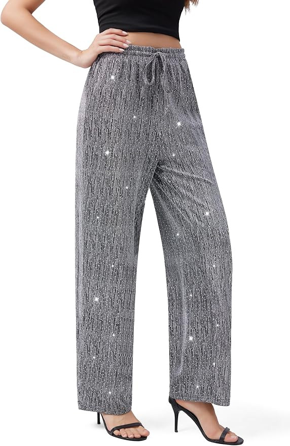 PEIQI Women High Elastic Waist Wide Leg Palazzo Pants Bling Glitter Casual Loose Long Sparkle Pan... | Amazon (US)
