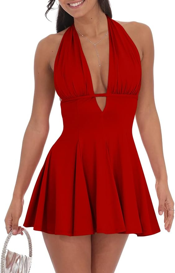BEAGIMEG Women's Sexy Bodycon Sleeveless Halter Tie up Back Backless Deep V A-line Club Party Min... | Amazon (US)