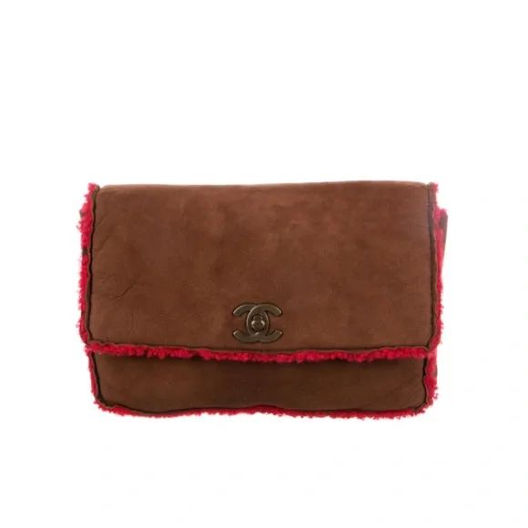 CHANEL CC TURNLOCK BROWN SUEDE LEATHER RED SHEARLING FLAP CLUTCH | Poshmark