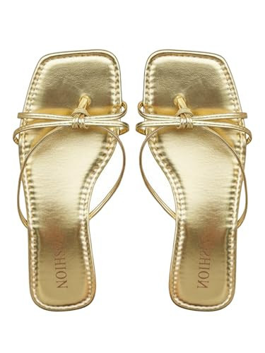 GORGLITTER Women's Gold Sandals Square Toe Strappy Thong Dressy Summer Cute Vacation Flip Flops Slides Shoes Gold Solid 8.5 | Amazon (US)