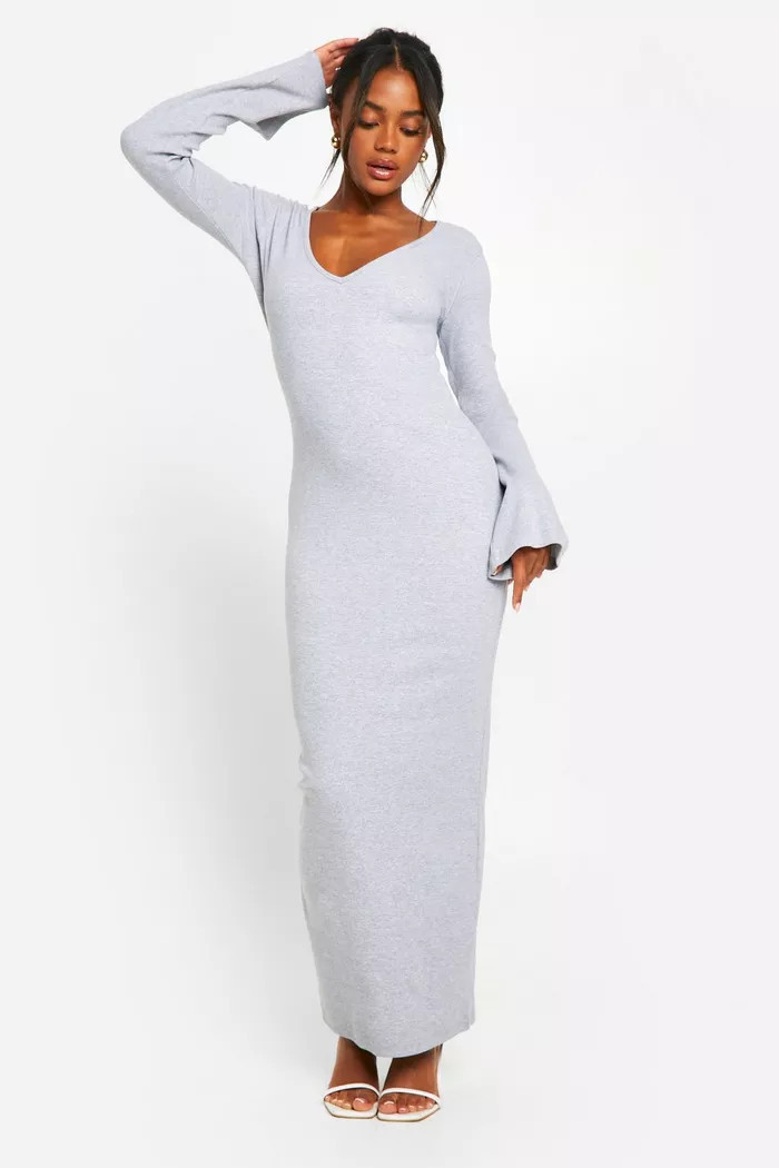 Basic Rib Flare Sleeve V Neck Dress | boohoo (US & Canada)