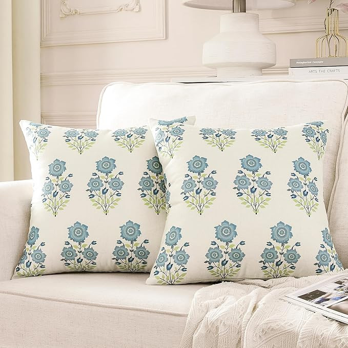 Pack of 2, Mughal Flower Pillow Cover 20 x 20 Inch Chinoiserie Blue Floral Throw Pillow Cover Lin... | Amazon (US)