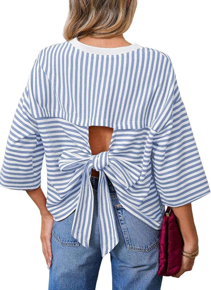 Dokotoo Womens Tops 2026 Striped Tie Back Short Sleeve T Shirts Crewneck Casual Loose Basic Tee S... | Amazon (US)