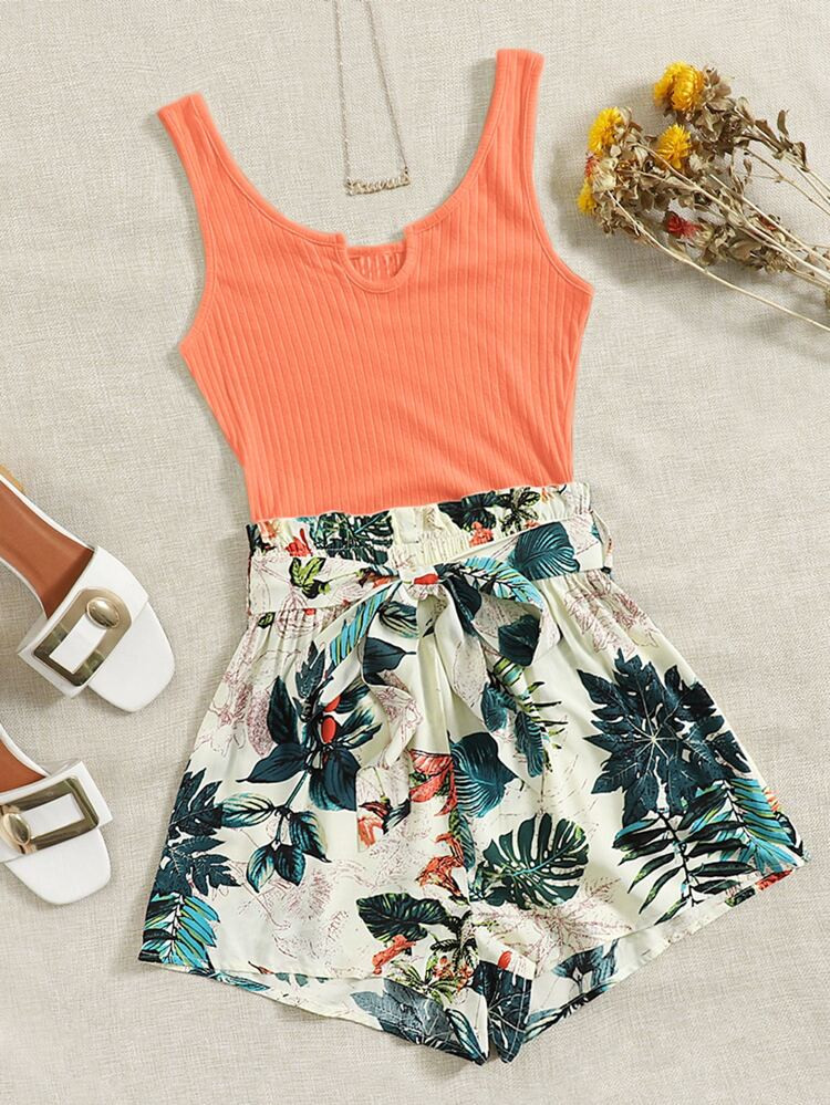SHEIN VCAY Tropical Print Paperbag Waist Belted Combo Tank Romper | SHEIN