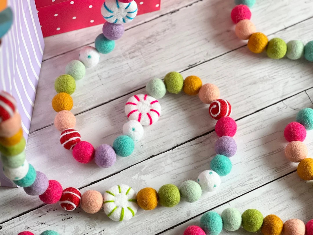 Bright Christmas Color Candy Pom Pom Decor Garland Felt Ball - Etsy | Etsy (US)