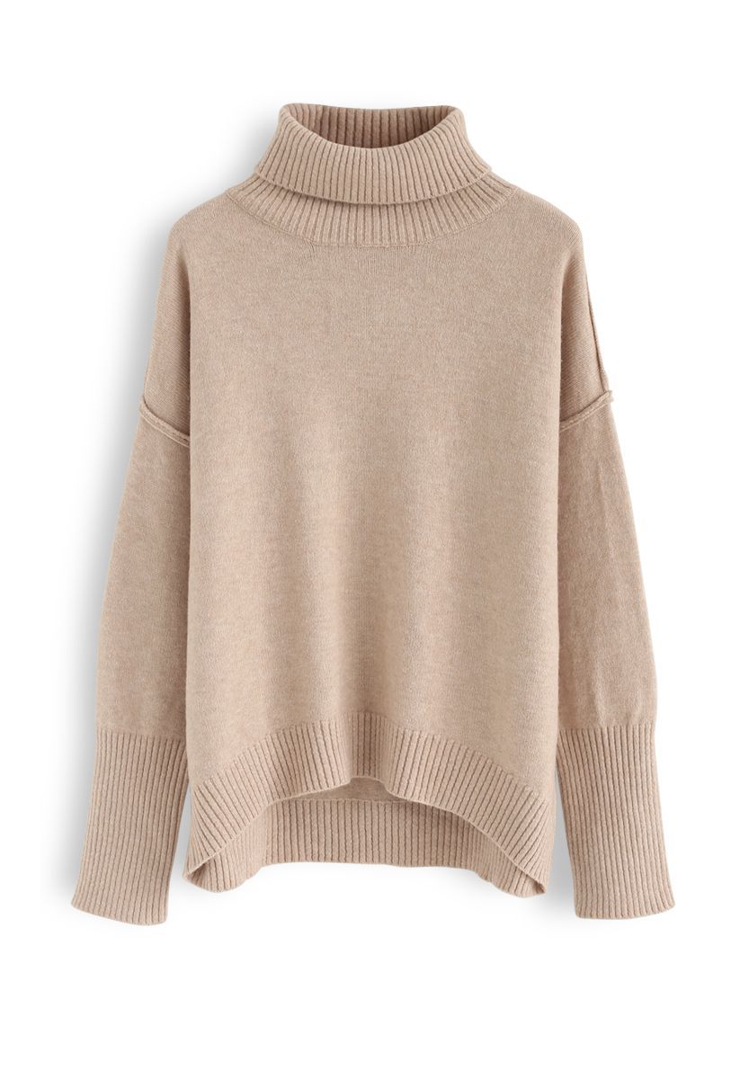 Soft Touch Basic Cowl Neck Knit Sweater in Tan | Chicwish