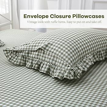 Sage Green White Plaid Ruffle Sheets Twin Size 4-Piece Set, 300TC 100% Yarn Dyed Cotton Sheets De... | Amazon (US)