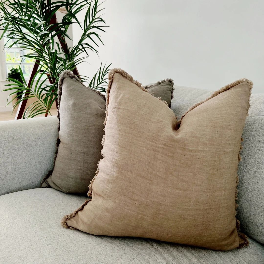 Sand Linen Pillow Cover, Neutral Ochre Fringe Linen Pillow 20x20, Soft Sofa Pillow Case, Farmhous... | Etsy (US)