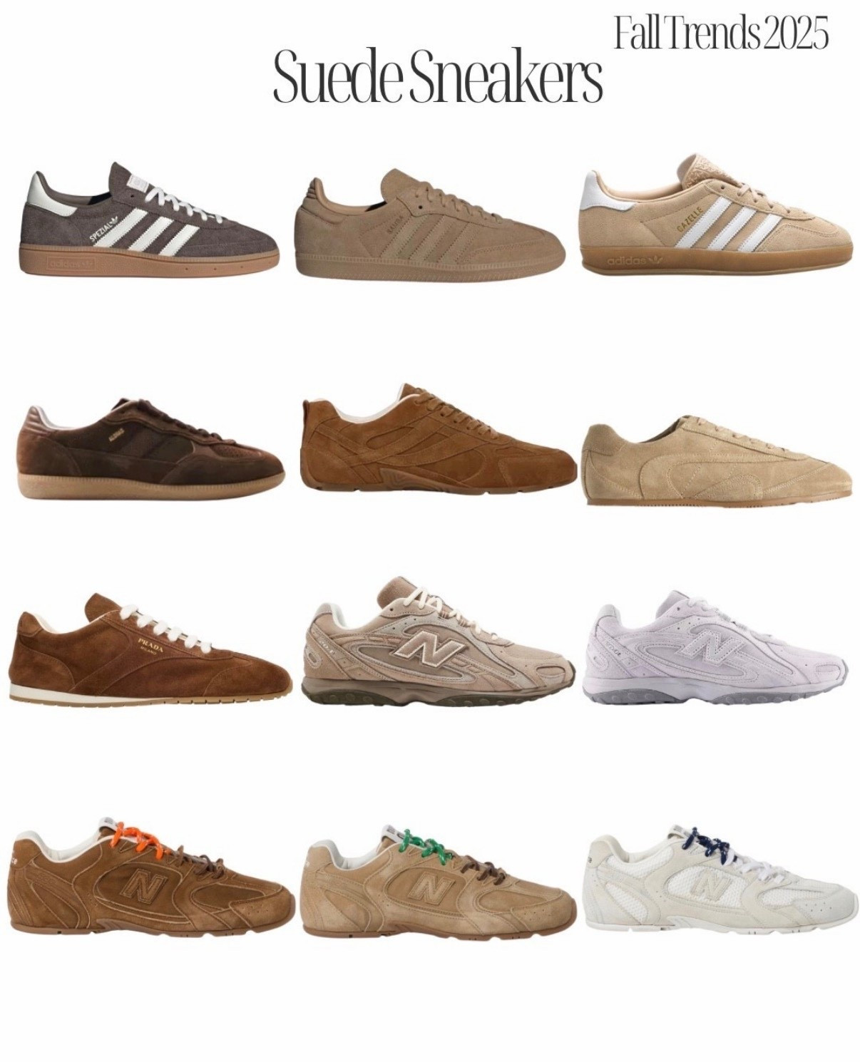 Fall trends 2025: suede sneakers 
#suede #sneakers #trainers #falltrends #brown #beige #white #miumiu #espressobrown #datkbrown #adidas #samba #newbalance #cos #prada #marcjacobs 


#LTKSeasonal #LTKWorkwear #LTKShoeCrush