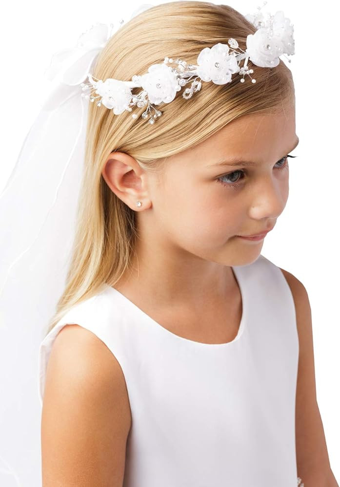 Girls' White Pearl Rhinestone Center Floral Crown First Communion Flower Girl Head Wreath with Ve... | Amazon (US)