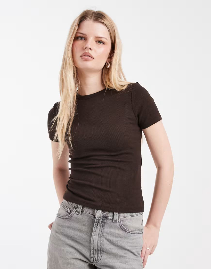 ONLY fitted ribbed top in brown | ASOS (Global)