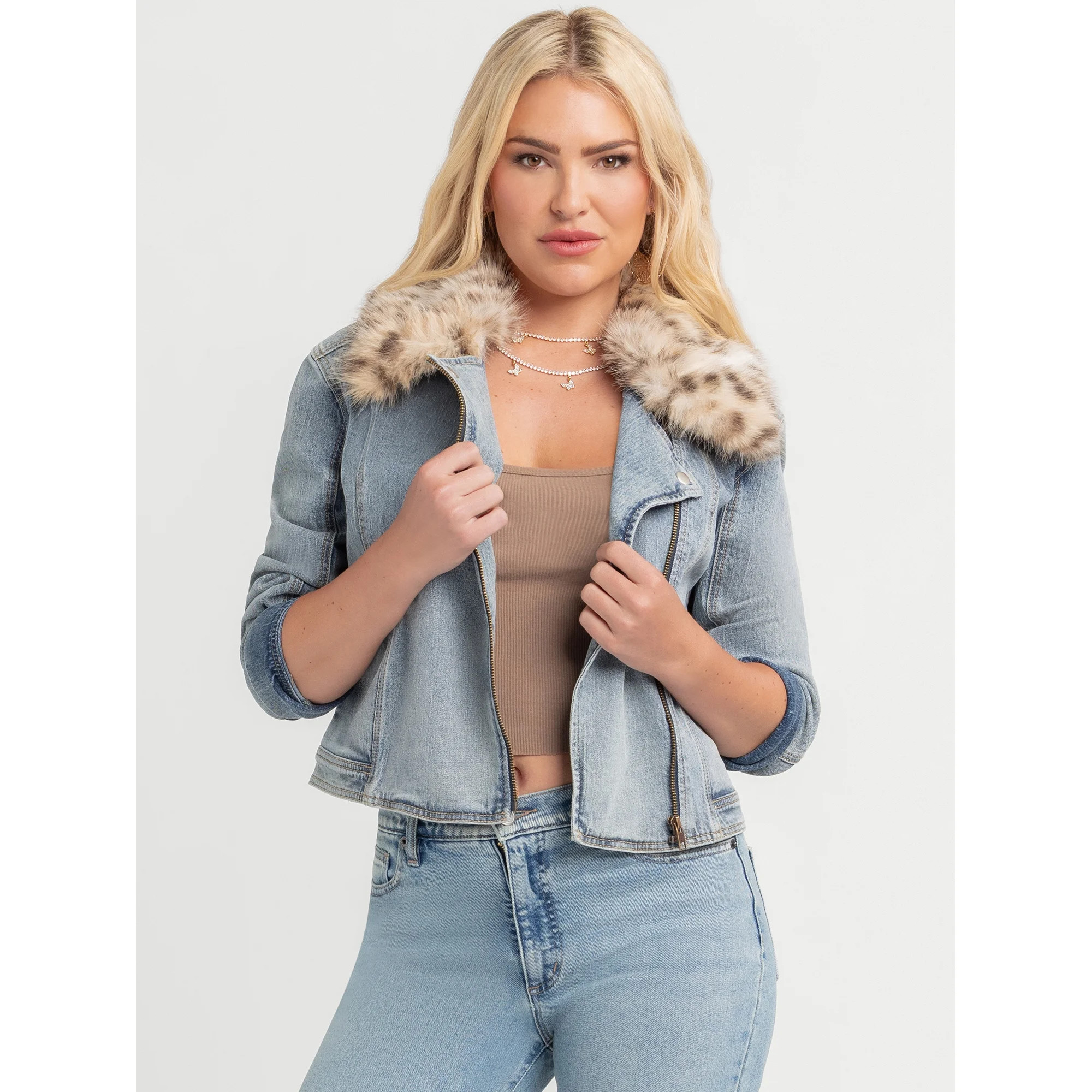 Jessica Simpson Women's Denim Moto Jacket with Faux Fur Collar, Sizes XS-XXL | Walmart (US)