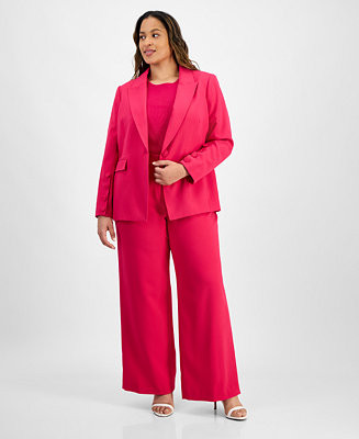 Plus Size Single-Button Crepe Blazer, Knit T-Shirt & Wide-Leg Pants | Macy's