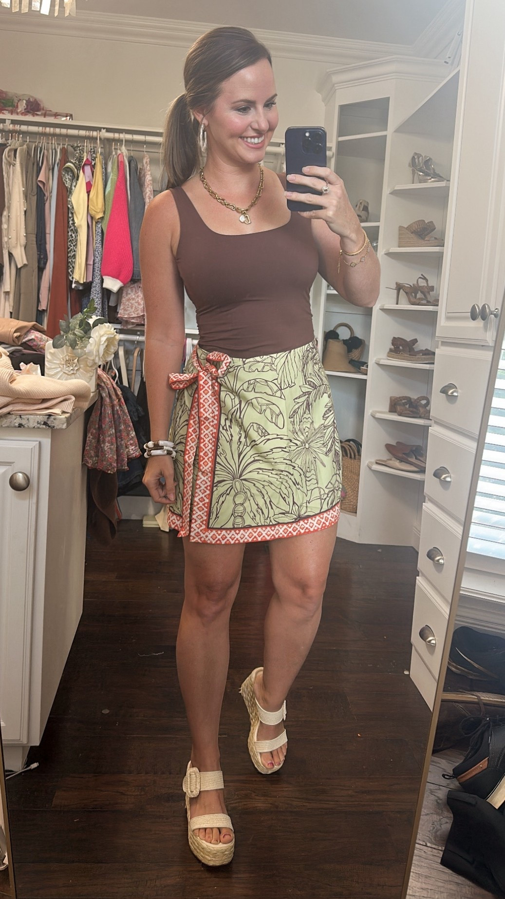 Resort wear // cruise outfit // date night dinner look!!! Mom of 3 outfit ideas. Loving this tropical skort recommended by Kristen niblett— and I love it!! Material feels a little stiff & it’s not lined but man it is the cutest print!!! 😍 paired it with a skimms dupe tank & wedges 

#LTKootd #LTKTravel #LTKSeasonal