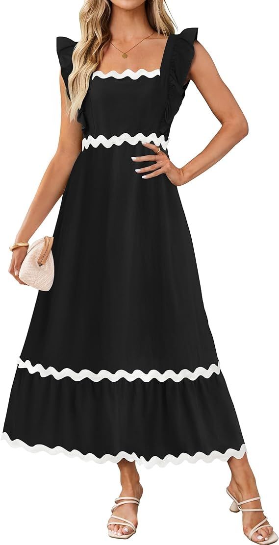 ZESICA Women's Summer Sleeveless Ruffle Dresses 2024 Square Neck Backless Boho Flowy Maxi Sundres... | Amazon (US)