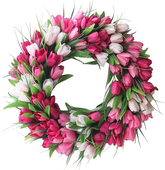 æ—  20 Inch Artificial Tulip Wreath Silk Tulip Floral Wreath with Green Leaves Spring Wreath ... | Amazon (US)