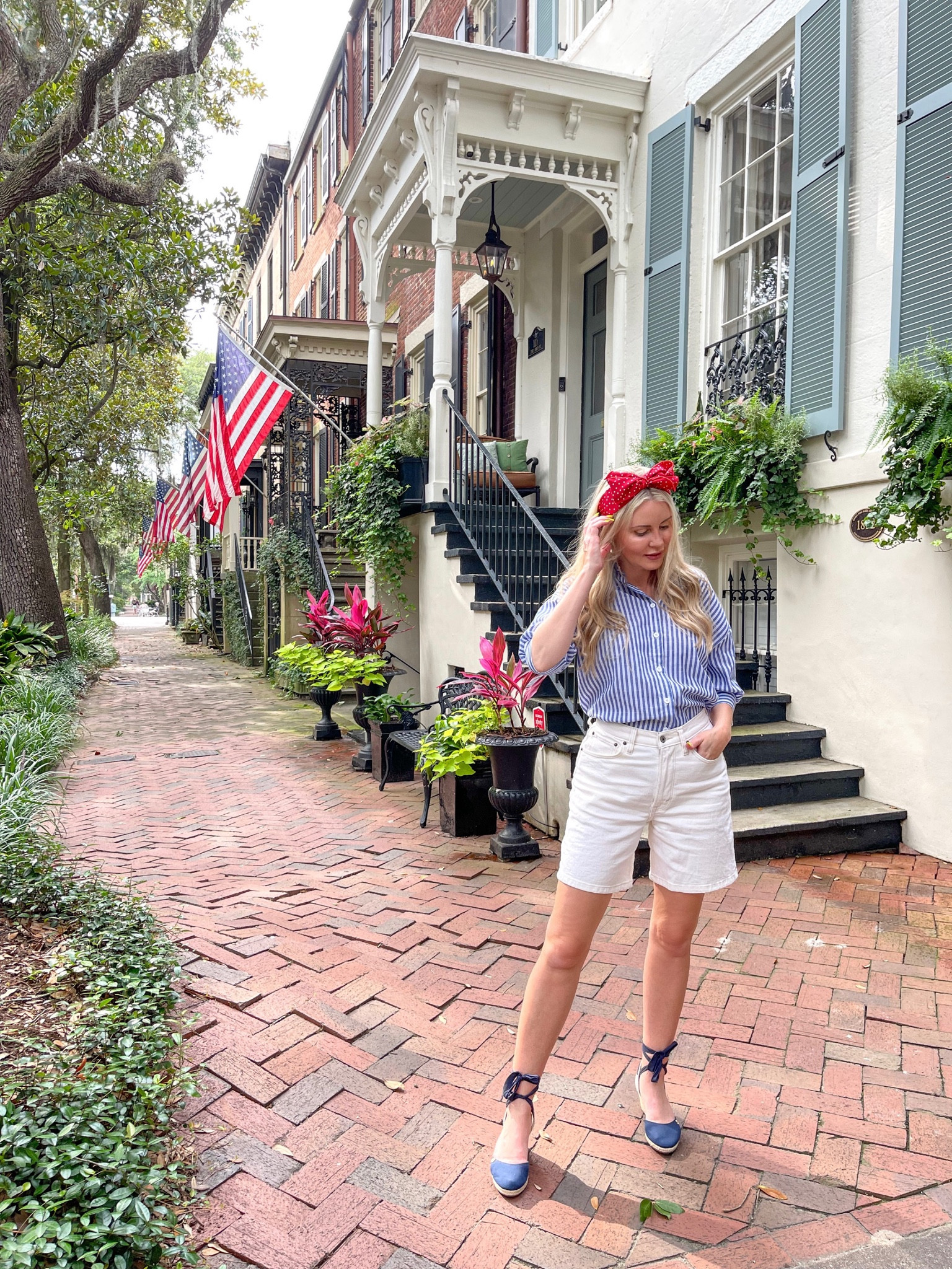 Striped button down, white jean shorts, polka dot headband, espadrilles, summer outfit

#LTKSeasonal #LTKunder50 #LTKstyletip