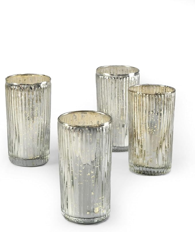 Serene Spaces Living Set of 4 Large Silver Ribbed Votive Candle Holders, Mercury Glass Finish, Id... | Amazon (US)
