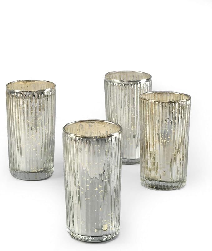 Serene Spaces Living Set of 4 Large Silver Ribbed Votive Candle Holders, Mercury Glass Finish, Id... | Amazon (US)