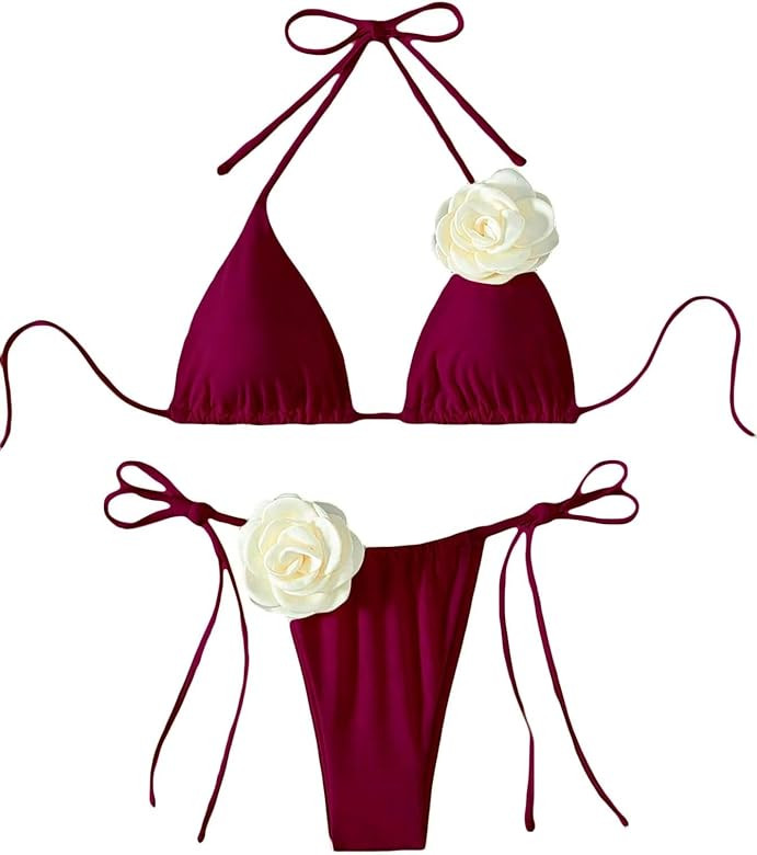 Women's Floral Appliques Cute Bathing Suit High Waisted Triangle Tie Side Swimsuit Bikini Set | Amazon (US)