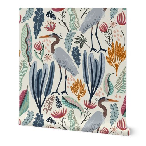 Heron and plants - light - medium | Spoonflower