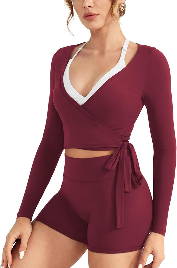 VOYJOY Women Ballet Wrap Top Long Sleeve Shirt Blouses Y2K Workout Gym Active Adjustable Tie Shir... | Amazon (US)
