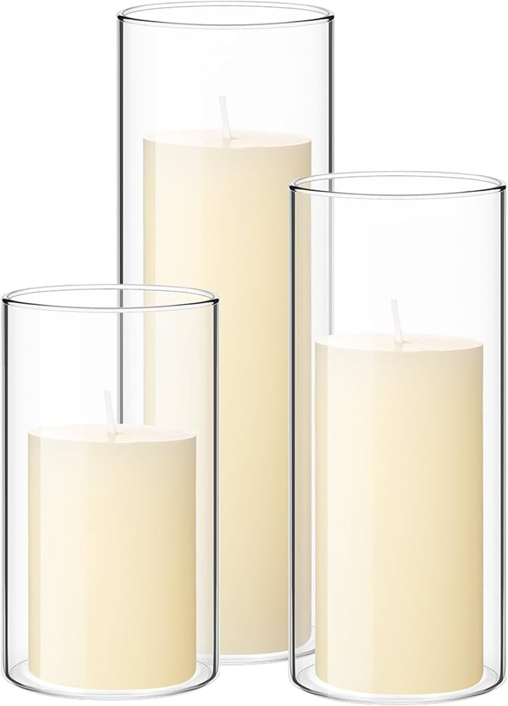 Shihanee Set of 3 Ivory White Pillar Candles and 3 Glass Cylinder Candle Holders for Slim Candles... | Amazon (US)