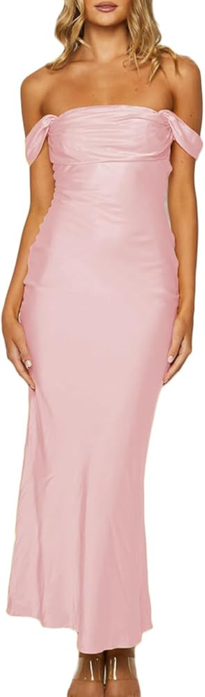 Realtix Elegant Satin Off The Shoulder Ruched Backless Maxi Dress for Women Strapless Tube Sleeve... | Amazon (US)
