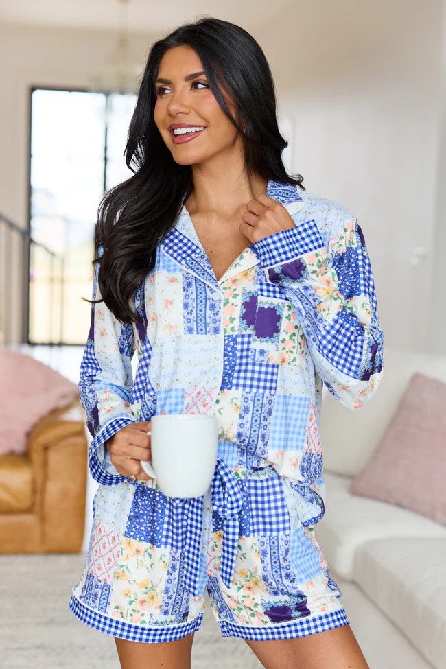 Cozy Crush Long Sleeve Pajama Top - Patchwork Pop Blue | Pink Lily