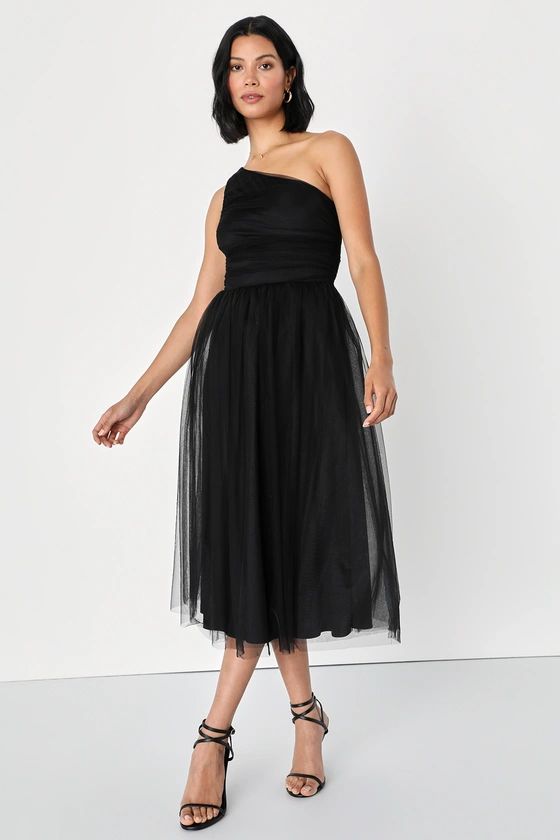 Already Perfect Black Tulle One-Shoulder Midi Dress | Lulus (US)