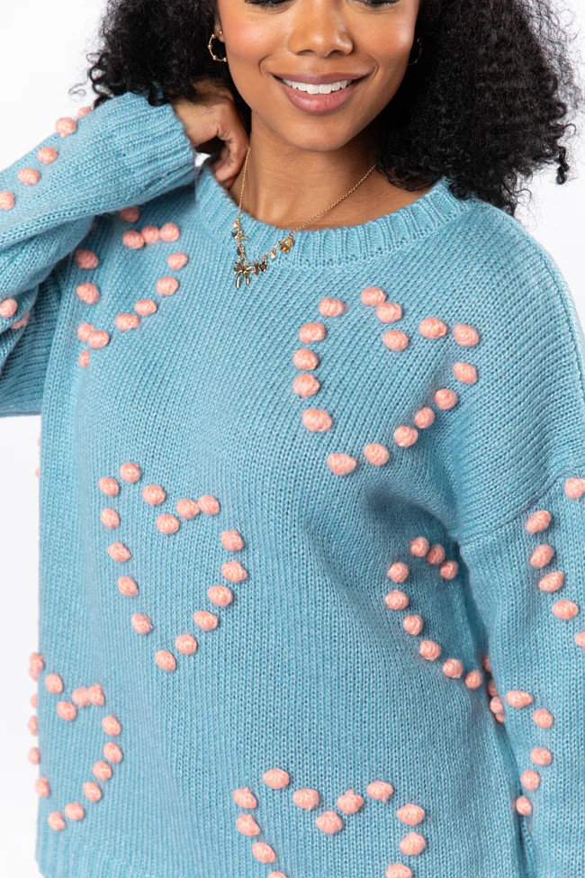 Adore You Blue and Pink Oversized Heart Pom Sweater | Pink Lily