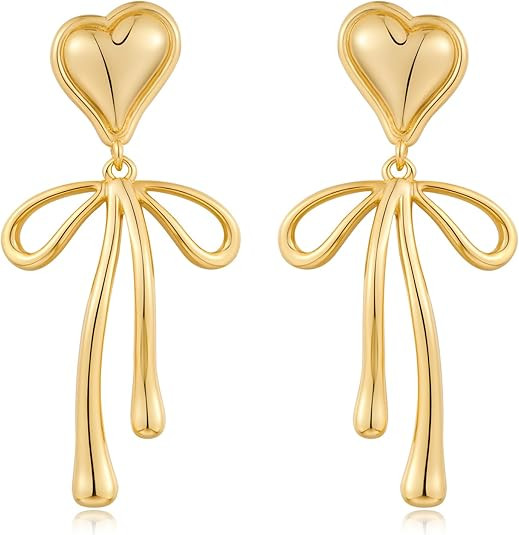 CUFELMU Heart Bow Drop Earrings for Women Lovely Ribbon Bow Earrings Gold Heart Dangle Earrings T... | Amazon (US)