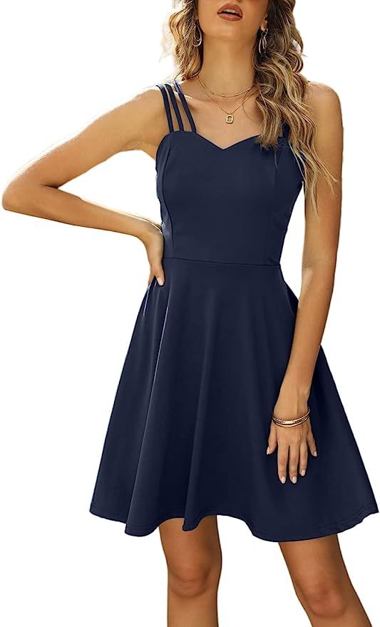 Metyou Women's V Neck Sleeveless Spaghetti Strap Dress Casual Summer Swing A-Line Mini Dresses | Amazon (US)