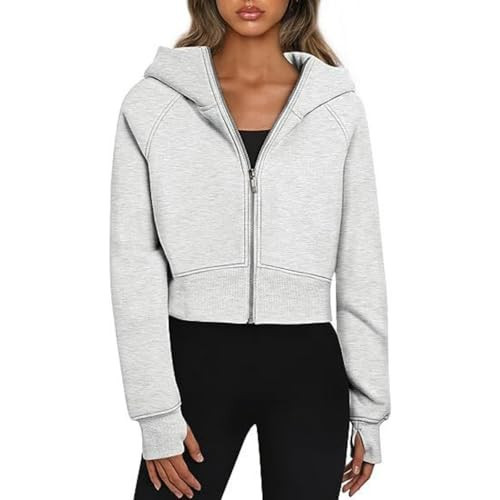 Cropped Zip Up Hoodie Women Aesthetic Preppy Hoodies Y2K Loose Fit Long Sleeve Sweatshirts Comfy Raglan Fleece Lined Sweatshirt Trendy Fall Tops Jackets Oversized Hoodies for Women Light Gray L | Amazon (US)