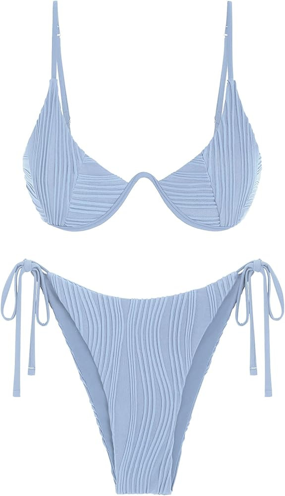 ZAFUL Women's Bikini Sets Ribbed Two Piece Swimsuits Underwire Adjustable Back Clasp Bathing Suit... | Amazon (US)