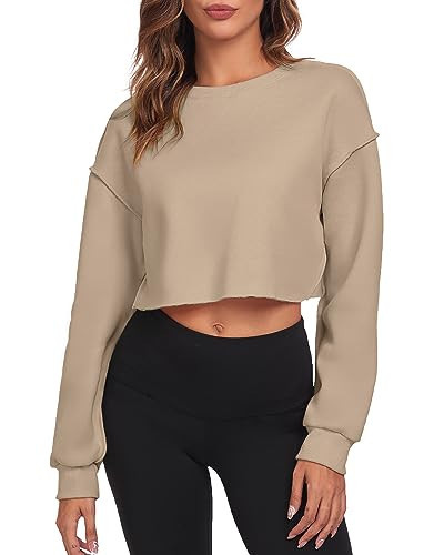 FKEEP Cropped Sweatshirts for Women Long Sleeves Crewneck Pullover Crop Tops Oversized Fit Apricot | Amazon (US)