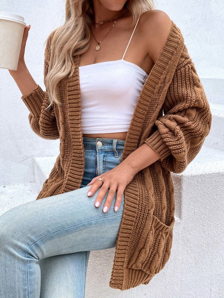 Cable Knit Drop Shoulder Pocket Patched Duster Cardigan | SHEIN