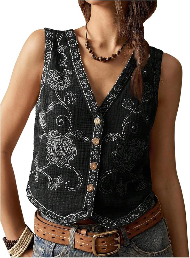 Verdusa Women's Western Outfit Cowgirl Embroidered Vest Tops Button Floral Boho Tank Top | Amazon (US)