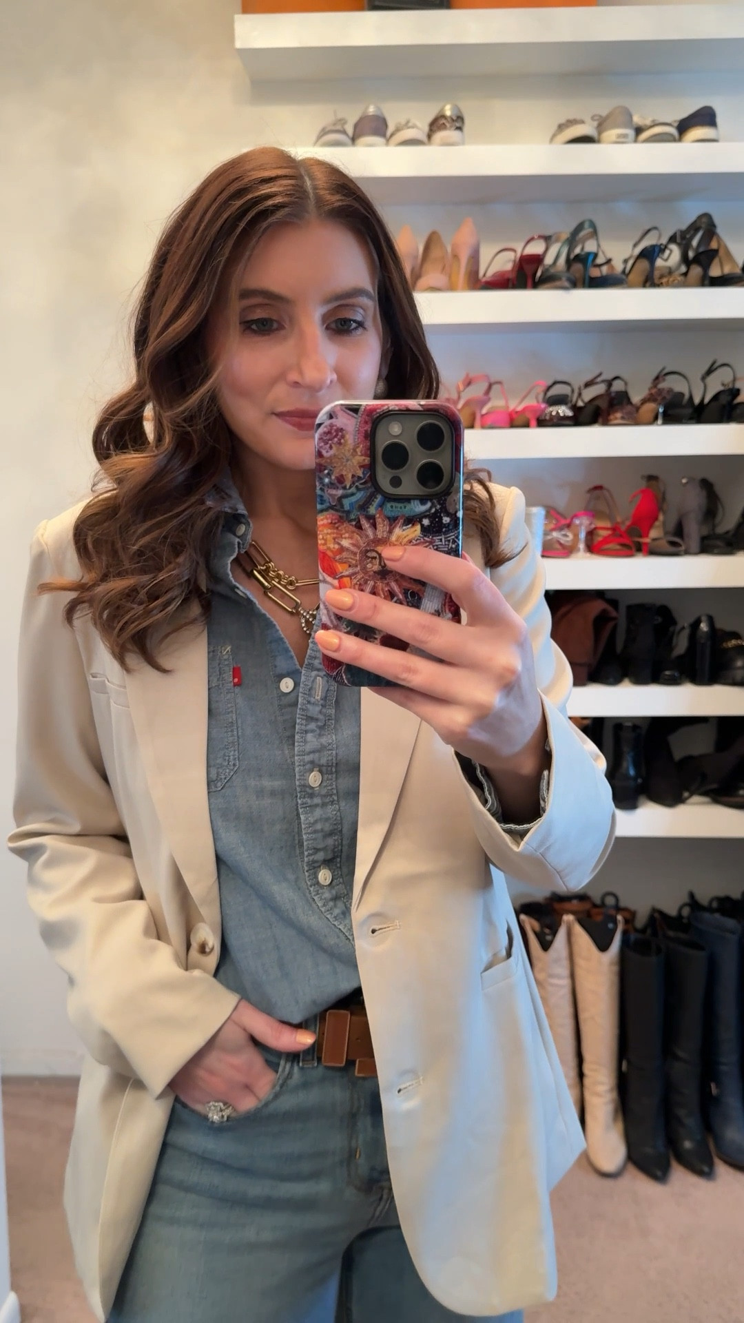 What I wore to work today, how to style denim and a blazer for the office, workwear outfit, casual outfit, off white blazer, Levi’s denim button down shirt, Target wide leg jeans, gold jewelry, easy outfit 

#LTKWorkwear #LTKOver40 #LTKootd