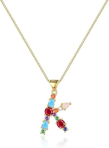 Eben-Ezer 18K Gold Box Chain Choker Initial Necklace Multi-Color Zircon Letter Pendant Script Nam... | Amazon (US)