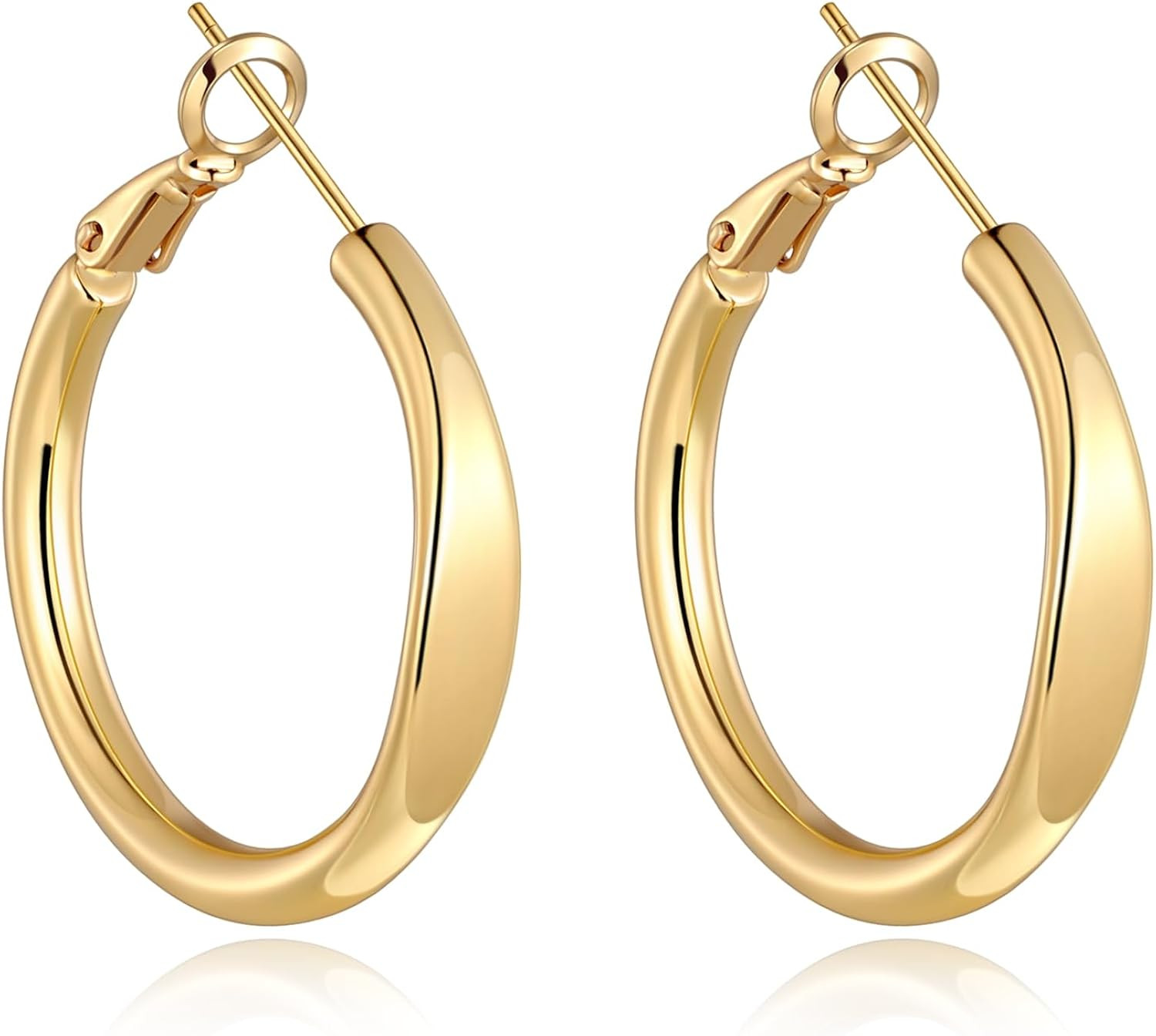 Flat Edge Chunky Hoop Earrings for Women 14k Gold Plated, 5mm Thick Hoops, Lightweight Hypoallerg... | Amazon (US)