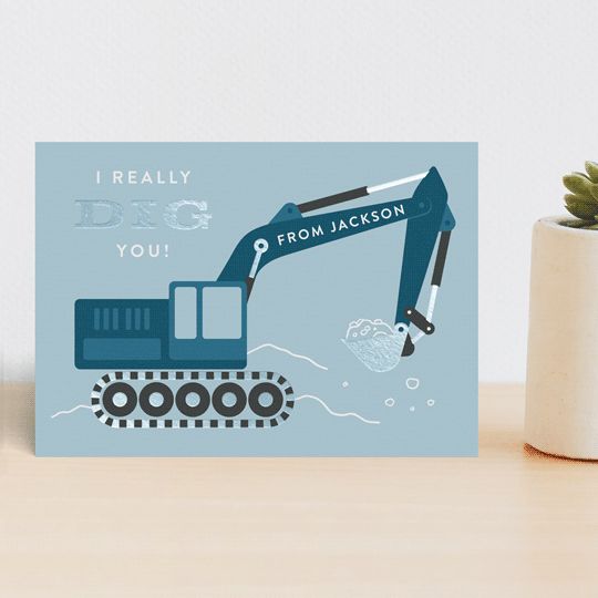 "Excavator" - Customizable Foil Valentine Cards in Blue by Kacey Kendrick Wagner. | Minted