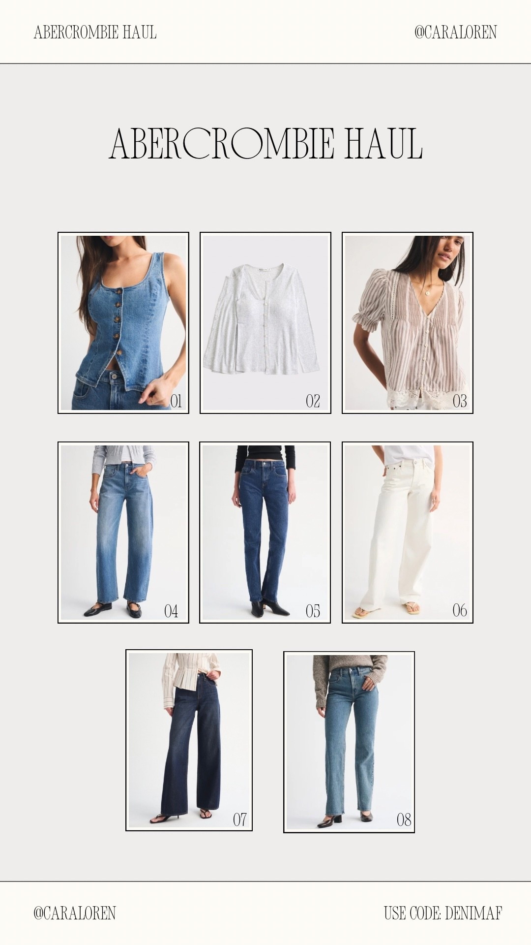 #AbercrombiePartner linking everything from today’s @abercrombie haul! 

25-50% Off All Jeans + 20% Off Almost Everything Else. Use code DENIMAF for a stackable 15% off.

Denim Promo: *Offer valid online only August 5, 2026 to August 10, 2026 in US/CA. Excludes clearance. Online price reflects discount. Extra 20% Off: *Offer valid in stores and online August 5, 2026 to August 10, 2026 in US/CA. Exclusions apply as indicated. Online price reflects discount. Promo Code: *Use code DENIMAF to get an additional 15% off almost everything in stores and online at checkout from August 5, 2026 to August 10, 2026 in US/CA. Exclusions apply. See details online.