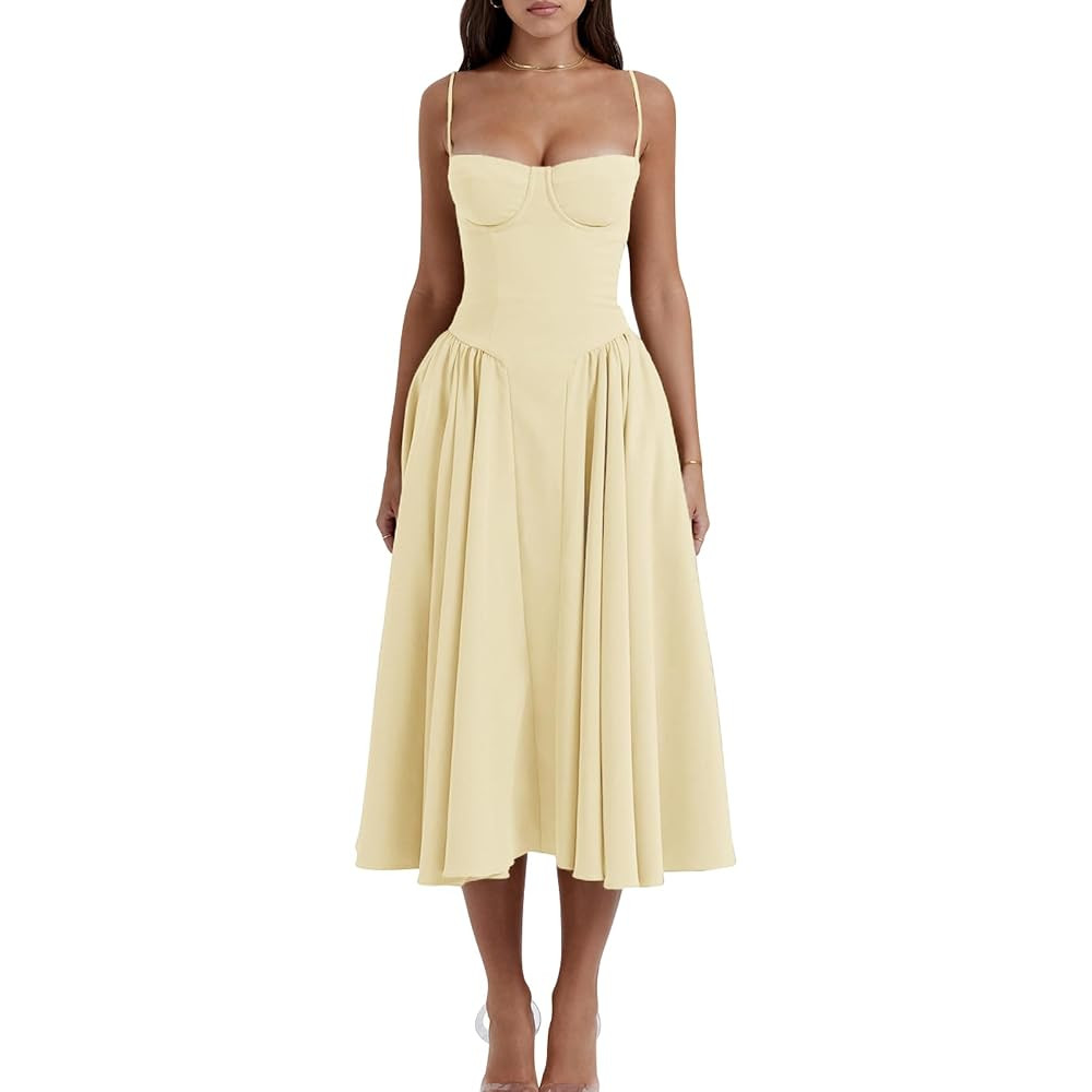 Womens Corset Dress Elegant Spaghetti Strap Midi Dress Flowy Pleated Hem Low Cut Prom Dresses Flo... | Amazon (US)