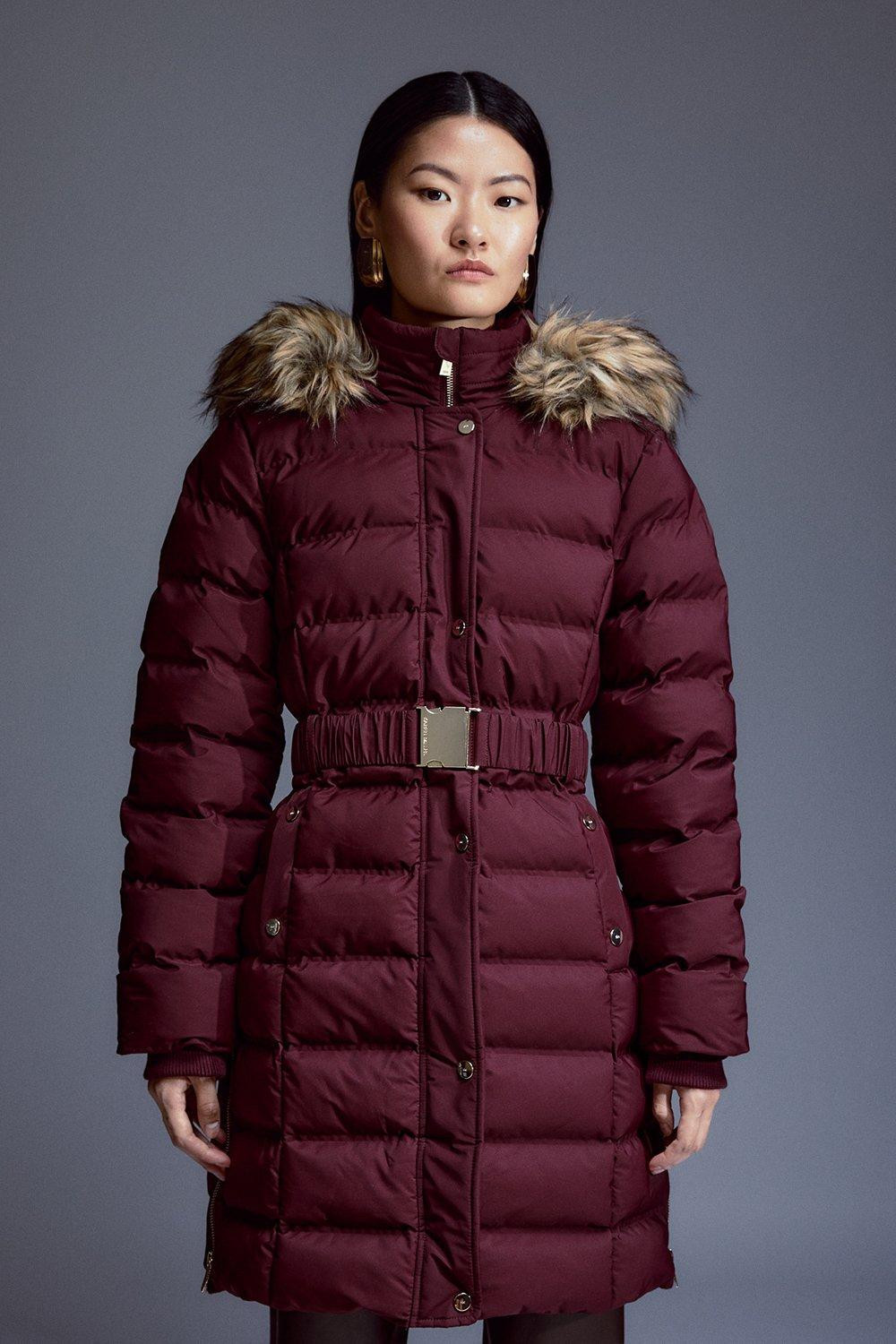 Heat Seal Puffer Belted Faux Fur Hood Jacket | Karen Millen UK + IE + DE + NL
