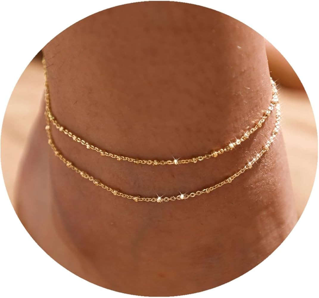 Anklet for Women 14K Gold Plated Ankle Bracelets Silver Anklet Waterproof Pearl Cubic Zirconia Rh... | Amazon (US)