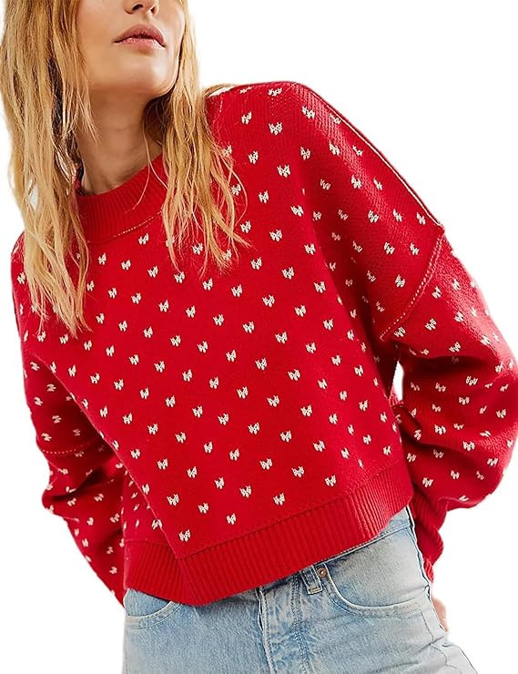 TUREAU Womens Cropped Pullover Sweater Polka Dot Chunky Knit Sweater Floral Printed Crewneck Long... | Amazon (US)